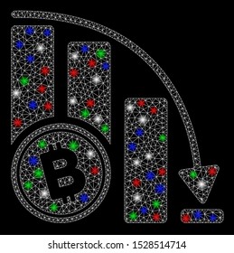 Bright mesh Bitcoin falling acceleration chart with glare effect. White wire frame polygonal mesh in vector format on a black background. Abstract 2d mesh designed with triangular lines, round dots,