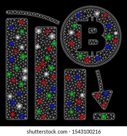 Bright mesh Bitcoin falling chart with lightspot effect. White wire frame triangular mesh in vector format on a black background. Abstract 2d mesh created from triangular lines, round dots,