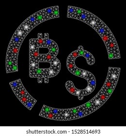 Bright mesh Bitcoin financial diagram with glare effect. White wire carcass triangular mesh in vector format on a black background. Abstract 2d mesh designed with triangular lines, spheric points,