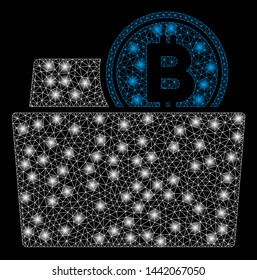 Bright mesh Bitcoin folder with lightspot effect. Abstract illuminated model of Bitcoin folder icon. Shiny wire frame triangular mesh Bitcoin folder abstraction in vector format on a black background.
