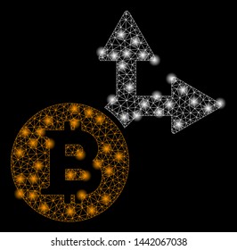 Bright mesh Bitcoin fork with glare effect. Abstract illuminated model of Bitcoin fork icon. Shiny wire frame polygonal mesh Bitcoin fork abstraction in vector format on a black background.