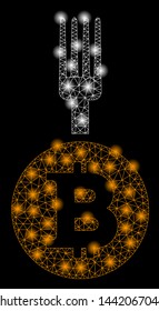 Bright mesh Bitcoin fork with glare effect. Abstract illuminated model of Bitcoin fork icon. Shiny wire frame polygonal mesh Bitcoin fork abstraction in vector format on a black background.