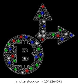 Bright mesh Bitcoin fork with glare effect. White wire carcass triangular mesh in vector format on a black background. Abstract 2d mesh designed with triangular lines, spheric points,