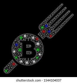 Bright mesh Bitcoin fork with glare effect. White wire frame polygonal mesh in vector format on a black background. Abstract 2d mesh designed with polygonal grid, round dots, colored light spots.