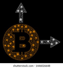 Bright mesh Bitcoin fork with glow effect. Abstract illuminated model of Bitcoin fork icon. Shiny wire frame triangular network Bitcoin fork abstraction in vector format on a black background.