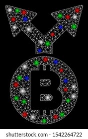 Bright mesh Bitcoin fork with glow effect. White wire frame triangular mesh in vector format on a black background. Abstract 2d mesh designed with triangular lines, dots, colored light spots.