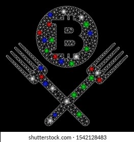 Bright mesh Bitcoin forks with glare effect. White wire frame triangular mesh in vector format on a black background. Abstract 2d mesh built from polygonal grid, points, colorful glare spots.