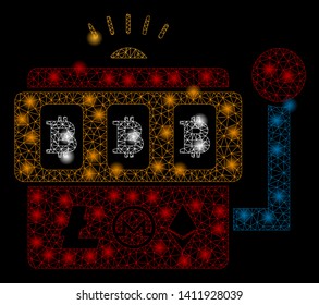 Bright mesh Bitcoin gambling machine with glare effect. Abstract illuminated model of Bitcoin gambling machine icon.a