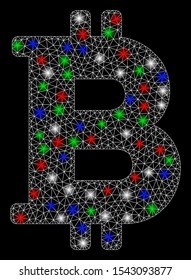 Bright mesh Bitcoin with glare effect. White wire frame triangular mesh in vector format on a black background. Abstract 2d mesh created from triangular lines, spheric points, colorful glare spots.