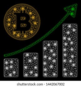 Bright mesh Bitcoin growing chart with lightspot effect. Abstract illuminated model of Bitcoin growing chart icon.