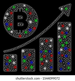Bright mesh Bitcoin growing trend with glare effect. White wire carcass triangular mesh in vector format on a black background. Abstract 2d mesh designed with triangular lines, dots,