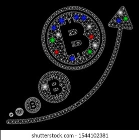 Bright mesh Bitcoin inflation trend with glow effect. White wire carcass triangular mesh in vector format on a black background. Abstract 2d mesh designed with triangular lines, small circle,