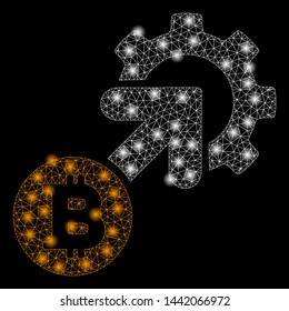 Bright mesh Bitcoin integration cog with lightspot effect. Abstract illuminated model of Bitcoin integration cog icon.