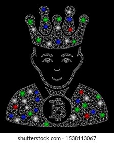 Bright mesh Bitcoin king with glare effect. White wire carcass triangular network in vector format on a black background. Abstract 2d mesh designed with triangular lines, points, colorful light spots.