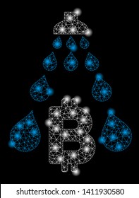 Bright mesh Bitcoin laundering shower with glow effect. Abstract illuminated model of Bitcoin laundering shower icon.