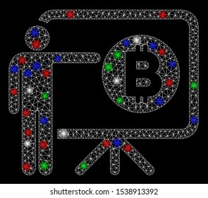 Bright mesh Bitcoin lecture board with lightspot effect. White wire carcass triangular mesh in vector format on a black background. Abstract 2d mesh designed with triangles, round dots,