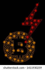 Bright mesh Bitcoin lightning strike with glare effect. Abstract illuminated model of Bitcoin lightning strike icon.