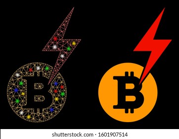 Bright mesh Bitcoin lightning strike icon with sparkle effect. Abstract illuminated model of Bitcoin lightning strike. Shiny wire frame triangular mesh Bitcoin lightning strike icon.