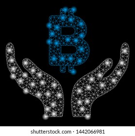 Bright mesh Bitcoin maintenance hands with glare effect. Abstract illuminated model of Bitcoin maintenance hands icon.