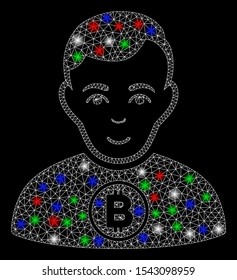 Bright mesh Bitcoin man with glare effect. White wire frame polygonal mesh in vector format on a black background. Abstract 2d mesh created from polygonal grid, small circle, colorful glare spots.