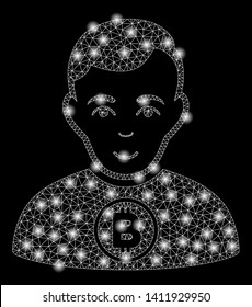 Bright mesh Bitcoin man with glow effect. Abstract illuminated model of Bitcoin man icon. Shiny wire frame triangular mesh Bitcoin man abstraction in vector format on a black background.
