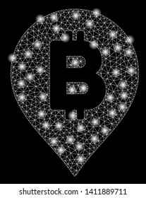 Bright mesh Bitcoin map marker with glare effect. Abstract illuminated model of Bitcoin map marker icon.