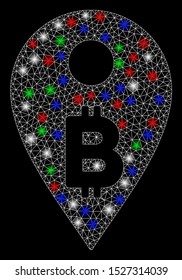 Bright mesh Bitcoin map marker with glare effect. White wire frame triangular mesh in vector format on a black background. Abstract 2d mesh designed with polygonal grid, points, colorful glare spots.