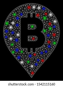 Bright mesh Bitcoin map marker with glare effect. White wire carcass triangular mesh in vector format on a black background. Abstract 2d mesh designed with triangular lines, dots,