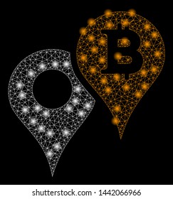 Bright mesh Bitcoin map markers with glow effect. Abstract illuminated model of Bitcoin map markers icon.