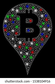 Bright mesh Bitcoin marker with glare effect. White wire frame triangular mesh in vector format on a black background. Abstract 2d mesh designed with triangles, spheric points, colorful glare spots.
