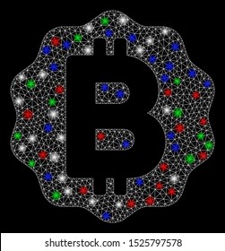 Bright mesh Bitcoin medal coin with glare effect. White wire frame polygonal mesh in vector format on a black background. Abstract 2d mesh created from polygonal grid, small circle,