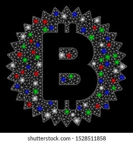 Bright mesh Bitcoin medal coin with glare effect. White wire frame polygonal mesh in vector format on a black background. Abstract 2d mesh designed with triangular lines, spheric points,