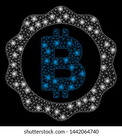 Bright mesh Bitcoin medal seal with glow effect. Abstract illuminated model of Bitcoin medal seal icon.