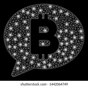 Bright mesh Bitcoin message balloon with glow effect. Abstract illuminated model of Bitcoin message balloon icon.