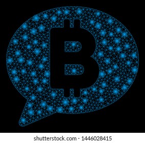 Bright mesh Bitcoin message with glare effect. Abstract illuminated model of Bitcoin message icon.