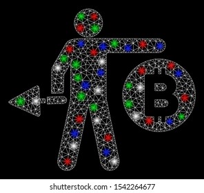 Bright mesh Bitcoin miner with glare effect. White wire carcass triangular mesh in vector format on a black background. Abstract 2d mesh created from triangular lines, points, colorful flare spots.