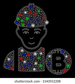 Bright mesh Bitcoin miner with lightspot effect. White wire frame triangular mesh in vector format on a black background. Abstract 2d mesh designed with polygonal grid, small circle,