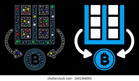 Bright mesh Bitcoin mining farm icon with glitter effect. Abstract illuminated model of Bitcoin mining farm. Shiny wire carcass polygonal mesh Bitcoin mining farm icon.