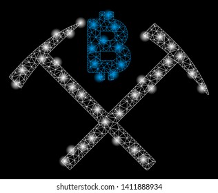 Bright mesh Bitcoin mining hammers with glare effect. Abstract illuminated model of Bitcoin mining hammers icon.