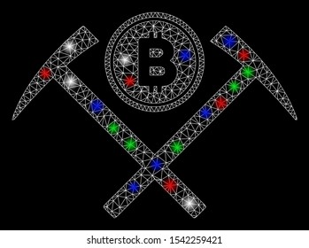 Bright mesh Bitcoin mining hammers with lightspot effect. White wire frame polygonal mesh in vector format on a black background. Abstract 2d mesh designed with polygonal grid, spheric points,