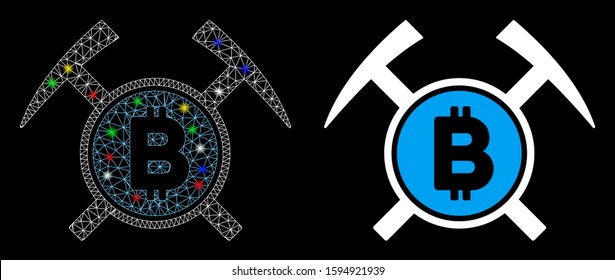 Bright mesh Bitcoin mining hammers icon with sparkle effect. Abstract illuminated model of Bitcoin mining hammers. Shiny wire frame polygonal mesh Bitcoin mining hammers icon.