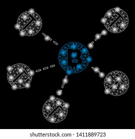 Bright mesh Bitcoin mining pool with lightspot effect. Abstract illuminated model of Bitcoin mining pool icon.