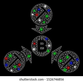 Bright mesh Bitcoin mining pool with glare effect. White wire carcass polygonal network in vector format on a black background. Abstract 2d mesh designed with polygonal grid, small circle,