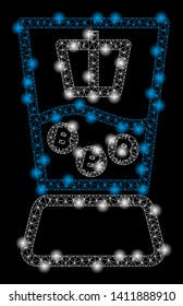 Bright mesh Bitcoin mixer with glare effect. Abstract illuminated model of Bitcoin mixer icon. Shiny wire carcass triangular mesh Bitcoin mixer abstraction in vector format on a black background.