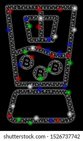 Bright mesh Bitcoin mixer with glare effect. White wire frame triangular mesh in vector format on a black background. Abstract 2d mesh created from triangular lines, points, colored glare spots.