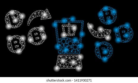 Bright mesh Bitcoin mixer with lightspot effect. Abstract illuminated model of Bitcoin mixer icon. Shiny wire carcass triangular mesh Bitcoin mixer abstraction in vector format on a black background.