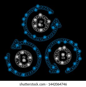 Bright mesh Bitcoin mixer rotation with glow effect. Abstract illuminated model of Bitcoin mixer rotation icon.