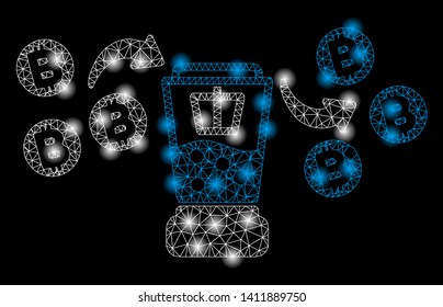 Bright mesh Bitcoin mixing service with glare effect. Abstract illuminated model of Bitcoin mixing service icon.
