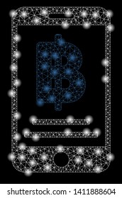 Bright mesh Bitcoin mobile payment with glare effect. Abstract illuminated model of Bitcoin mobile payment icon.