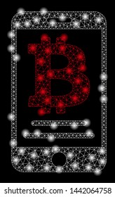 Bright mesh Bitcoin mobile payment with glow effect. Abstract illuminated model of Bitcoin mobile payment icon.